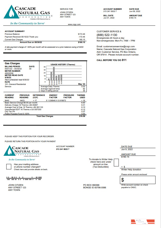 USA Cascade Natural Gas utility bill, Word and PDF template